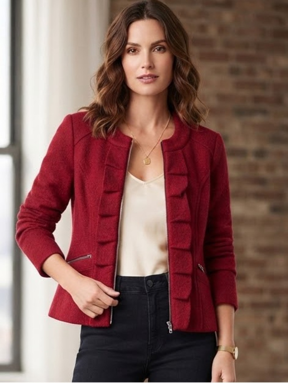 Valerie Bertinelli Red Boiled Wool Ruffle Zip Jacket